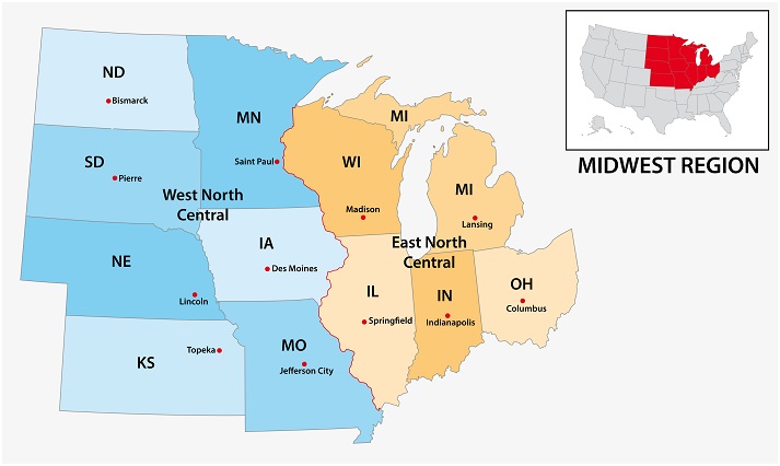 map of the US Census Region Midwest
