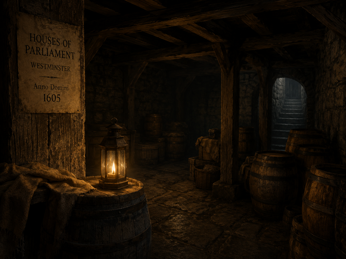 Dark cellar beneath Westminster, 1605