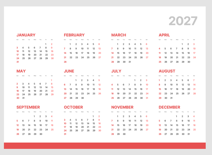 calendar for 2027