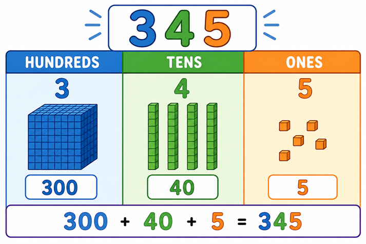 A place value chart labeled hundreds, tens, and ones showing 345 broken into 300, 40, and 5.