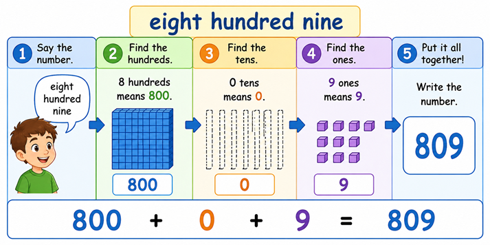 A step-by-step visual showing “eight hundred nine” turning into 800 + 0 + 9 = 809.