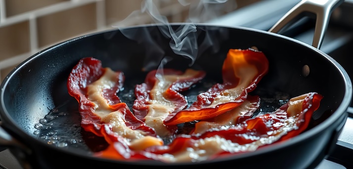 The image displays bacon sizzling in the pan. 
