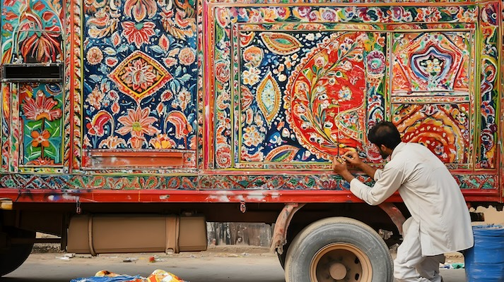 Truck Art The image displays a man painting patterns on a colorful Pakistani truck.