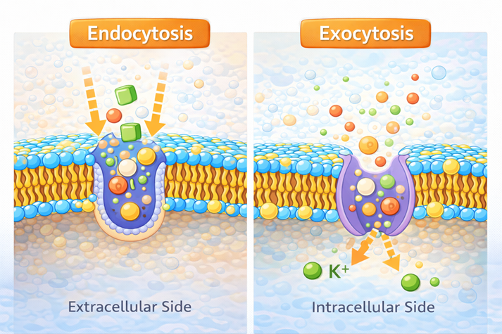 A side-by-side diagram showing endocytosis (membrane folding inward) and exocytosis (vesicle fusing and releasing contents)