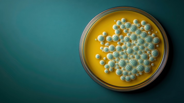 Penicillium mold Petri dish with colonies of Penicillium mold on yellow agar