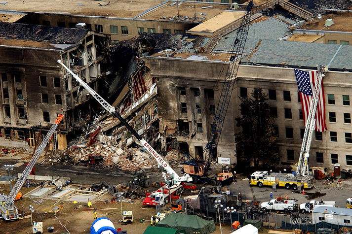 An Aerial view of the destruction at the Pentagon caused by a hijacked commercial jet that crashed into the side of the building during the Sept. 11, 2001, terror attacks