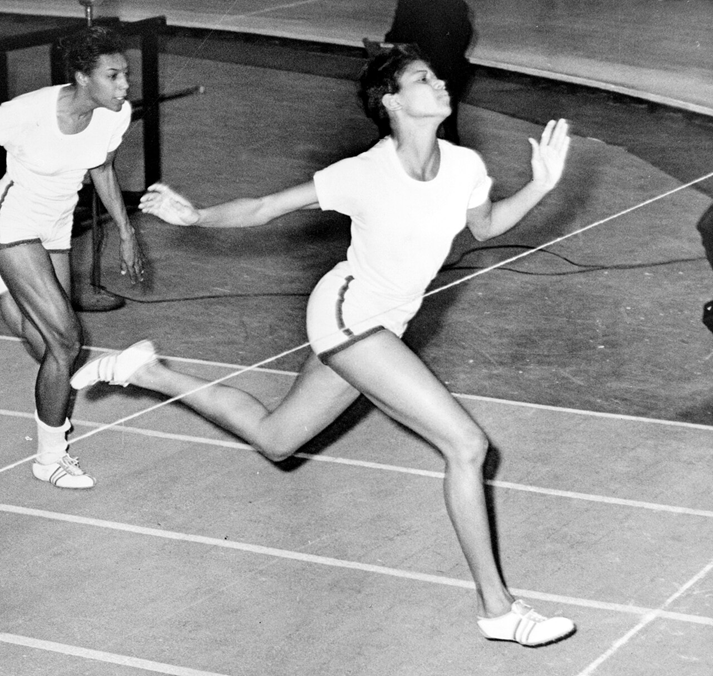 Wilma Rudolph at the finish line during 50 yard dash at track meet in Madison Square Garden