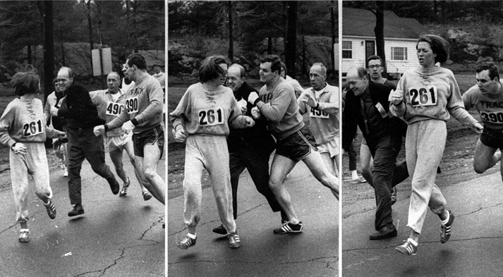 Runner Kathrine Switzer attacked by race official Jock Semple while running in the 1967 Boston Marathon.