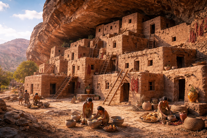 Multi-level adobe homes built into desert cliffs