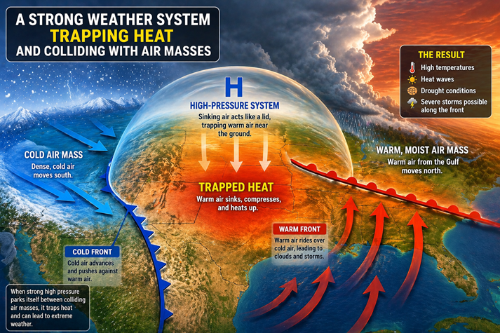 Strong weather system trapping heat