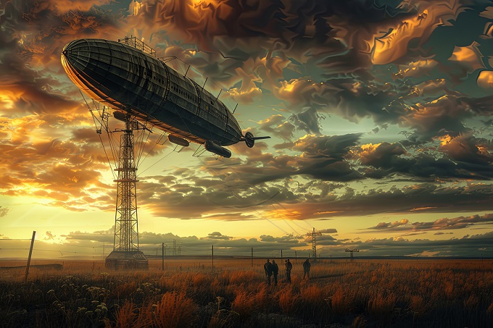 airship docking with a mast A zeppelin docks at a tall mooring mast in a field