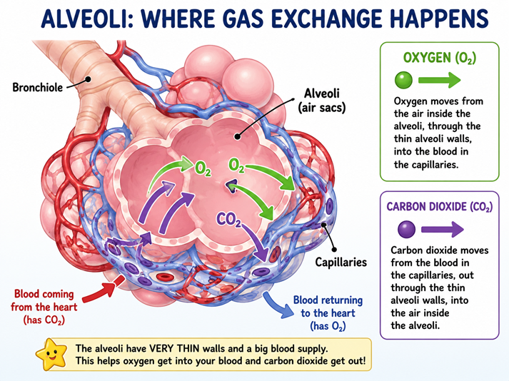 The process of gas exchange in lungs