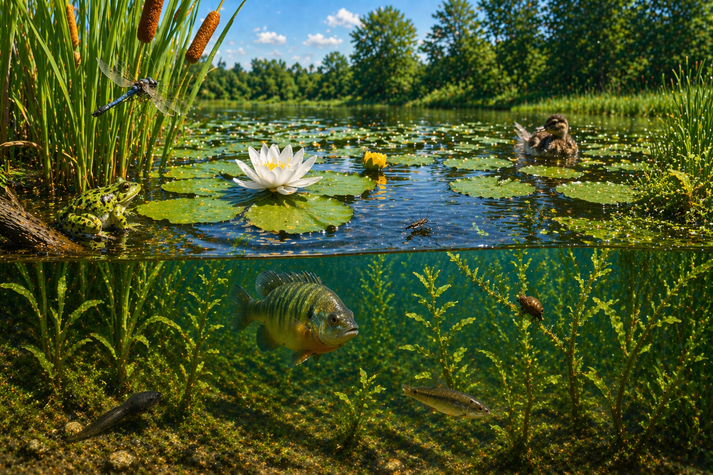 pond scene showing animals like frogs, fish, and insects using plants for shelter and food