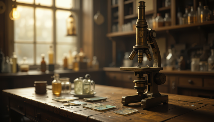 antique microscope on a wooden desk