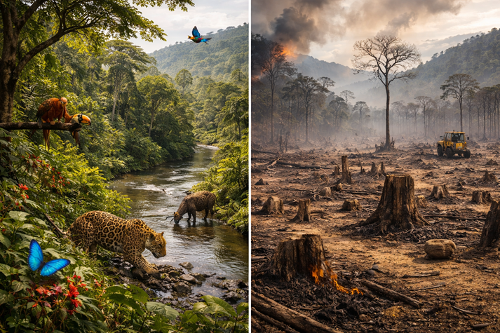 Amazon rainforest: thriving vs. destroyed