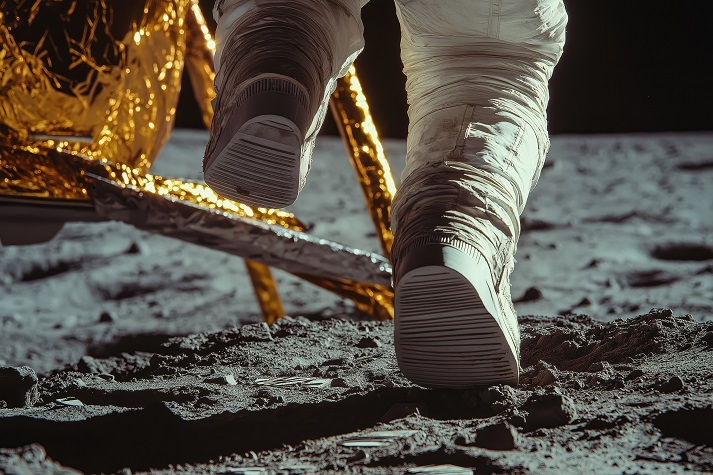 first step on the moon Close-up of Astronaut’s First Step from Lunar Module on Moon