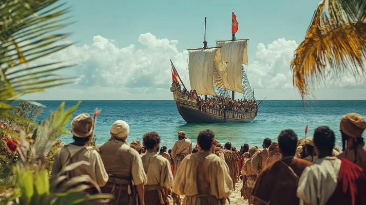 Columbus's arrival in the New World and his first encounter with indigenous people on the shore
