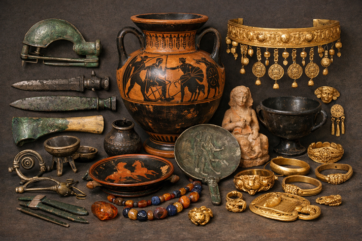 A collection of Etruscan artifacts such as jewelry, pottery, and metal tools displayed together.