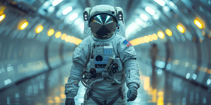 Astronaut, helmet and walking in spaceship tunnel for launch, moon journey and mission for science research