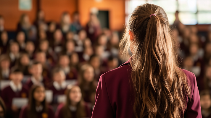 high school girl stands in front of school assembly wearing burgundy blazer to give speech, back view