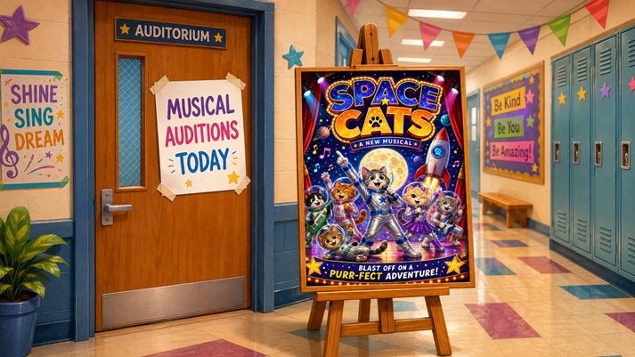 Musical auditions in a colorful hallway