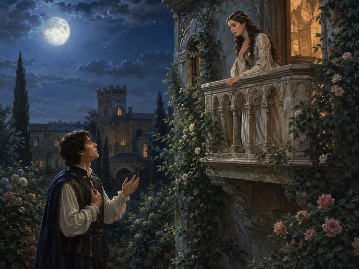 A romantic, moonlit courtyard evokes a timeless Shakespearean moment, where a young man dressed in period attire stands in a longing pose, gazing upward toward a woman on a stone balcony. She, draped in a flowing Renaissance dress, gazes down upon him with a soft, contemplative expression, their heartfelt scene set against the beauty of ivy-clad stone arches, moonlight, and a distant castle in the background.
