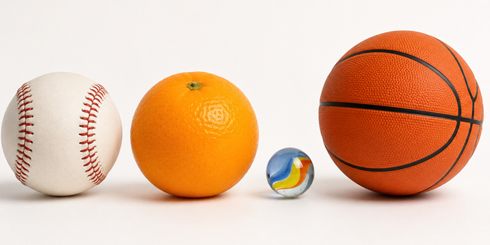 Baseball, orange, marble, and basketball row