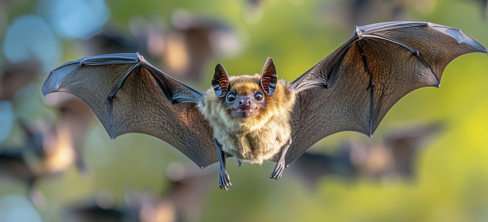 Large flying fox bat flying with open wings