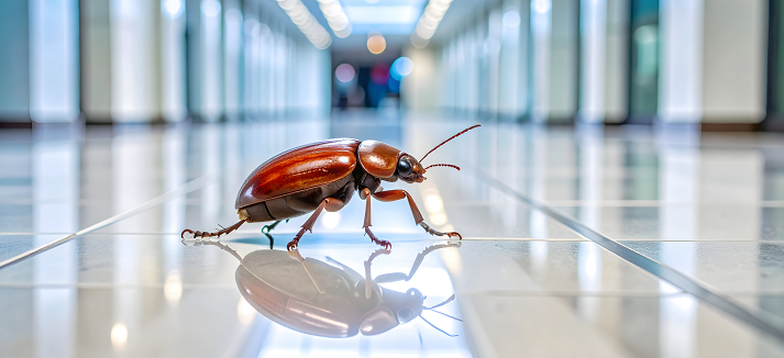 Brown Beetle on Shiny Floor in Modern Hallway