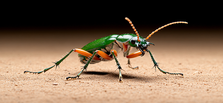 Colorful Beetle Racing Across Sandy Ground in Close-Up View