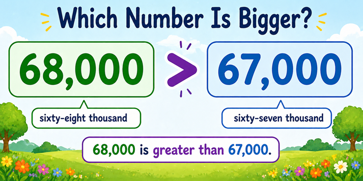 Two numbers side by side with a greater-than symbol between them, like 68,000 > 67,000.