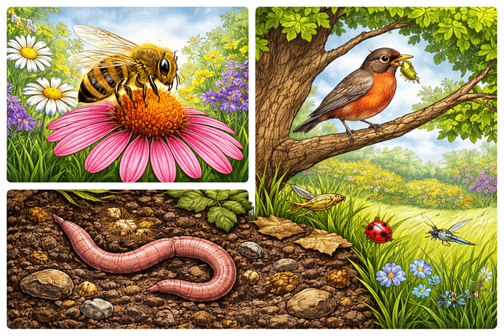 split scene of different animals doing different jobs—bee pollinating, bird catching insects, worm in soil