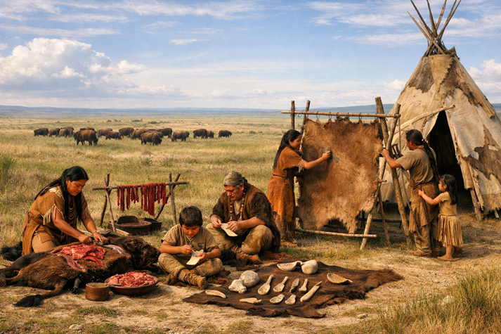 A rectangular scene of the Great Plains with a bison herd in the distance and a nearby Native family using parts of a bison for food, clothing, and shelter, showing respect and careful use of resources.