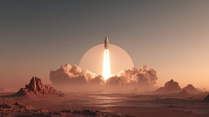 Spaceship launching from mars surface at sunset with red planet landscape