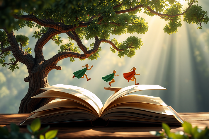 magical forest and an open book with people running through the pages