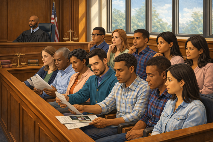 Jurors examining evidence in the jury box