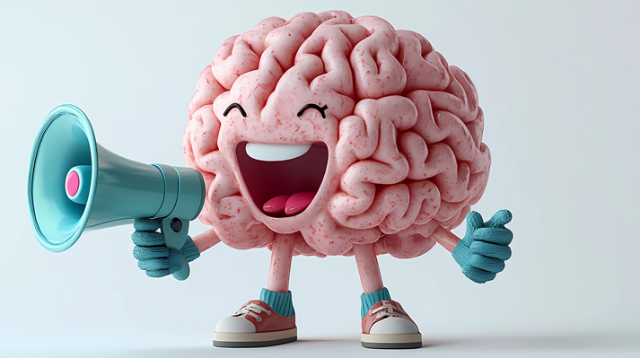 Adorable cartoon 3D brain with a smiling face, little arms wear gloves and legs wear shoes, hold a megaphone in a playful style