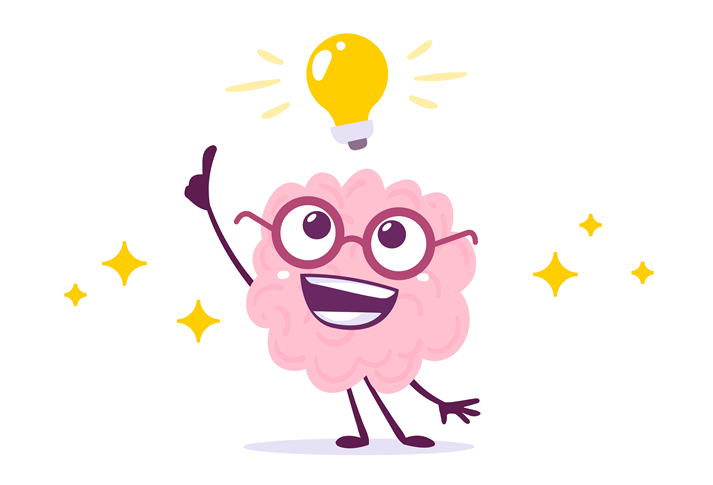Vector Creative Illustration of Pink Human Brain Character in Glasses with Light Bulb on White Background