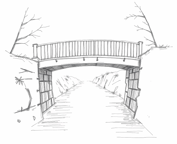 Bridge to Tranquility: A serene pencil sketch of a classic bridge spans a waterway, leading the viewer towards a distant, promising horizon, creating a feel of simple, peaceful charm