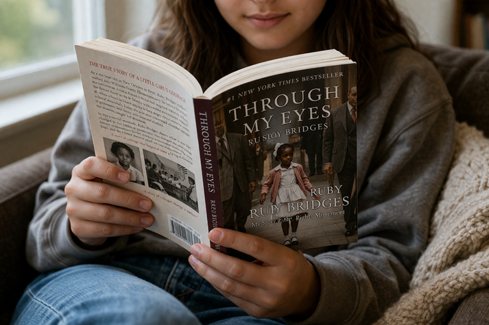 girl reading a biography of Ruby Bridges