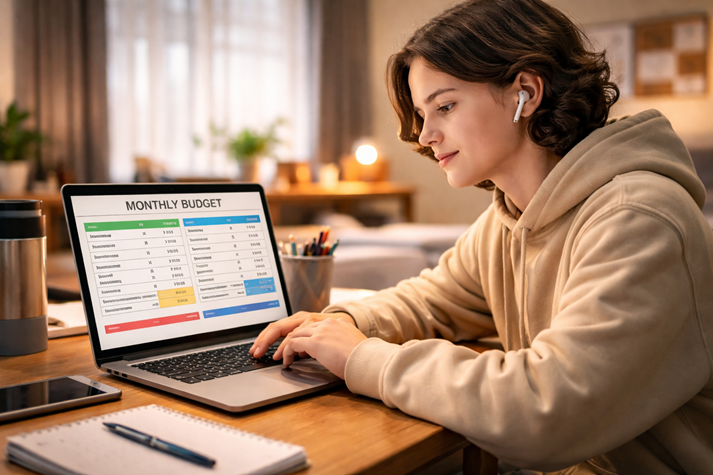 A student reviewing a monthly budget on a laptop with a calm, focused expression