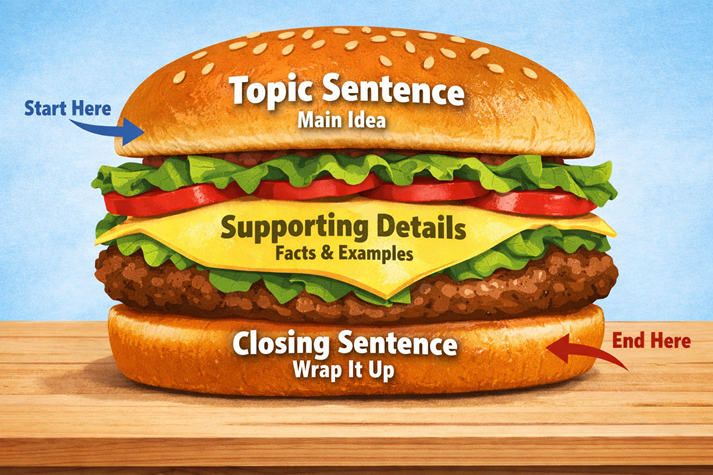 A visual diagram of a paragraph shaped like a sandwich—top bun (topic sentence), fillings (supporting details), bottom bun (closing sentence).