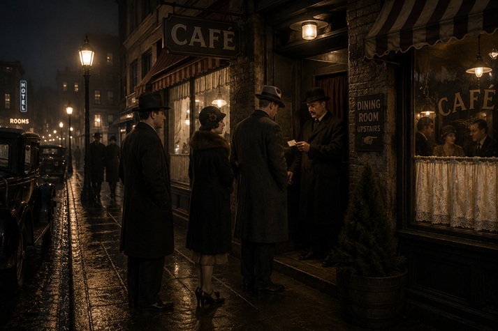 Speakeasy entrance on a rainy night