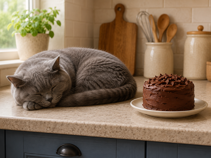 Cozy kitchen nap by chocolate cake