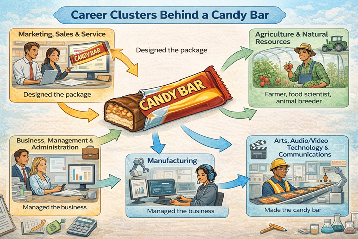 A labeled diagram of a product (like a candy bar) with arrows pointing to different career clusters involved.