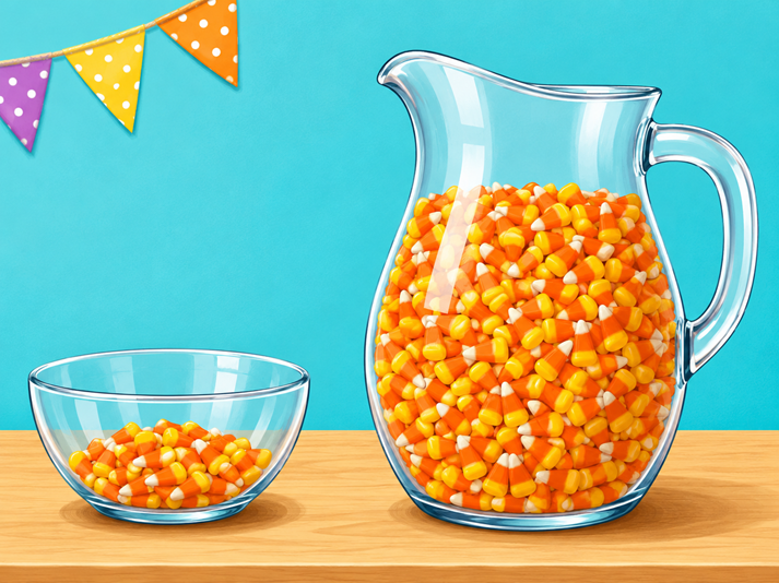 Candy corn display on wooden table