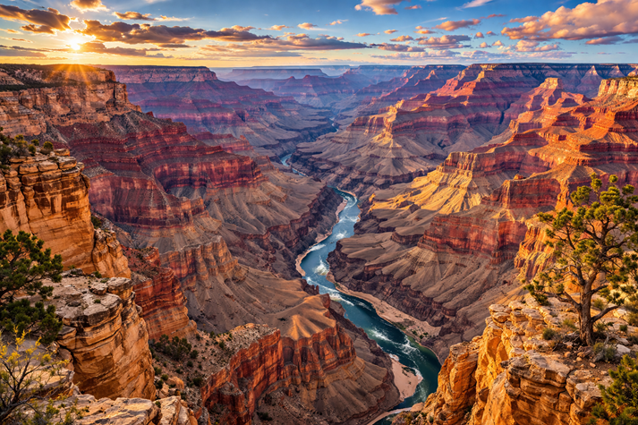 A wide view of the Grand Canyon with layered rock and a river below