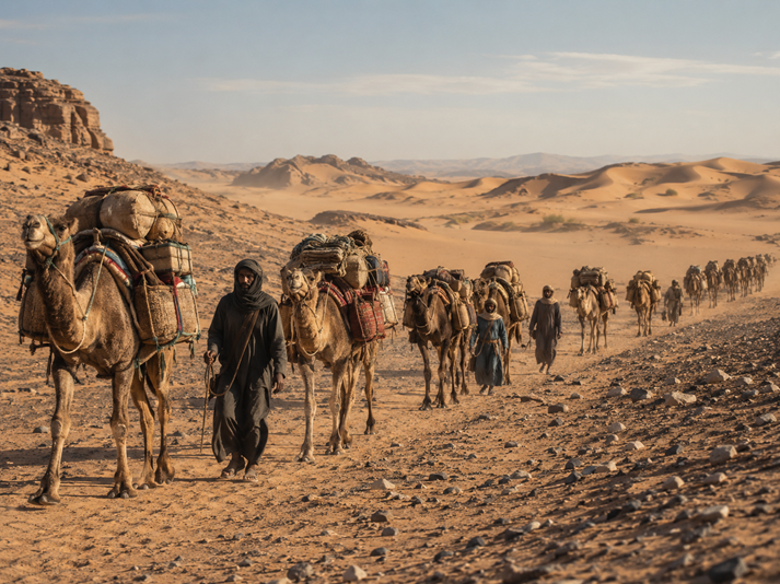 Caravan journey through desert sands
