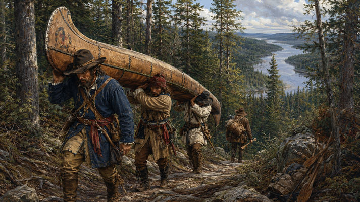 Explorers portaging a canoe in the wilderness
