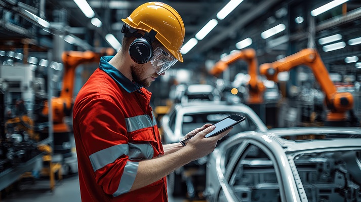 In a bustling automotive plant, an engineer monitors real-time factory performance on a digital tablet while robotic arms assemble car frames